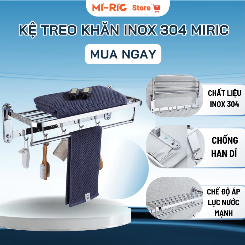 Kệ treo khăn nhà tắm Inox 304 Miric 4 trong 1 chống han gỉ, thiết kế gấp gọn cao cấp cho phòng tắm hiện đại