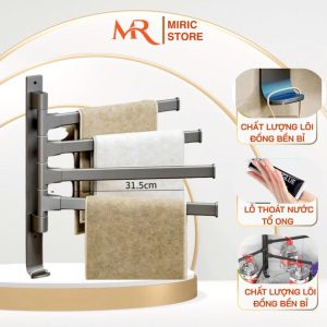 Giá treo khăn cánh tay xoay 180 độ Miric chống hoen rỉ không cần khoan đục