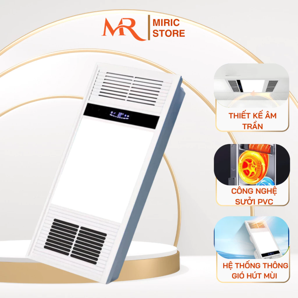 Đèn điều hòa phòng tắm MIRIC 4 in 1 tích hợp sưởi ấm, hút ẩm, thông gió và chiếu sáng. Thiết kế âm trần hiện đại, phù hợp nhiều không gian phòng tắm.